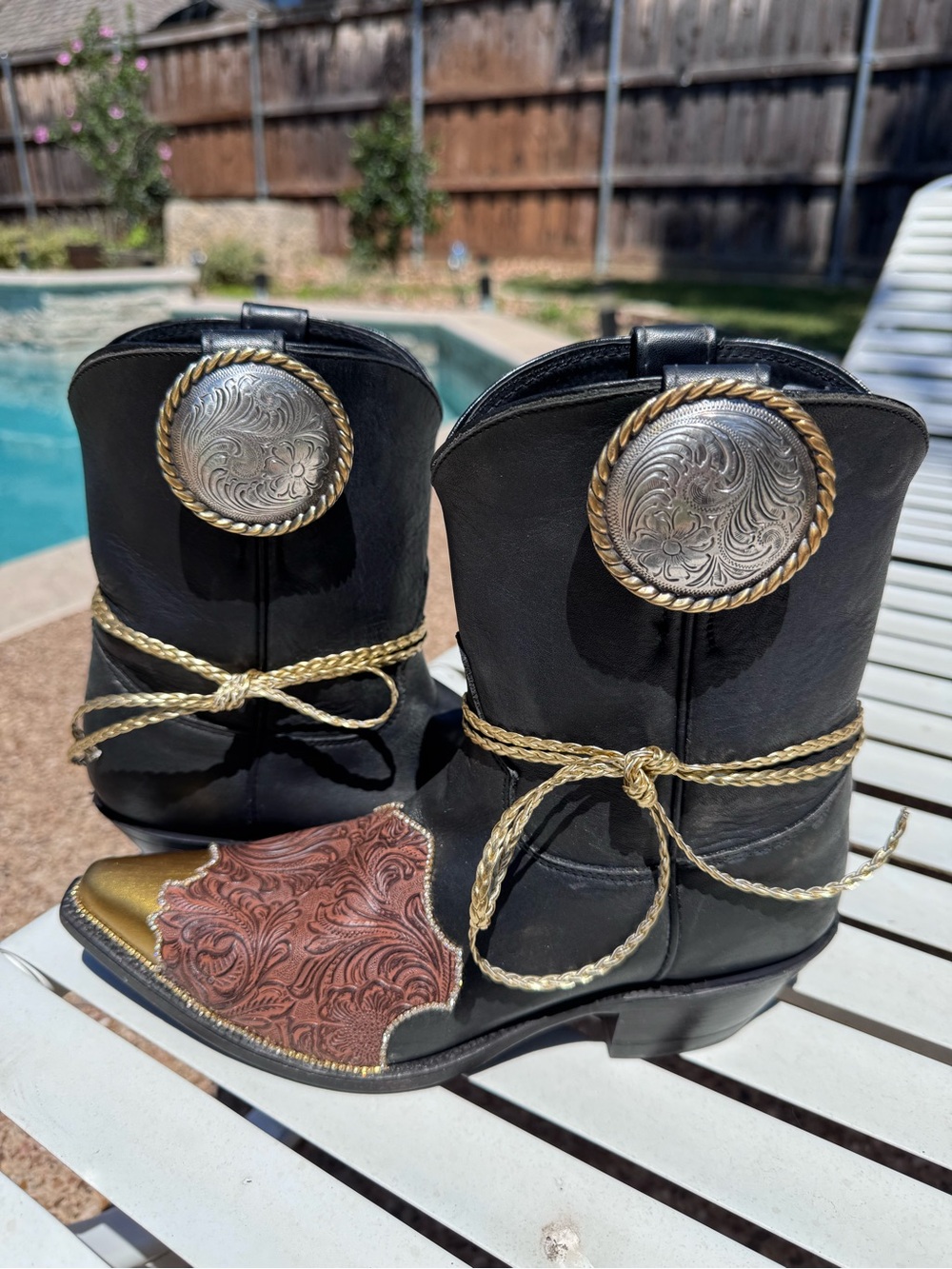 Justin Boots Black Leather Heeled Boots with Brown Tooled Toe and Gold Accent